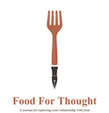 Food For Thought journal cover with a terracotta fork and charcoal pen nib on a white background