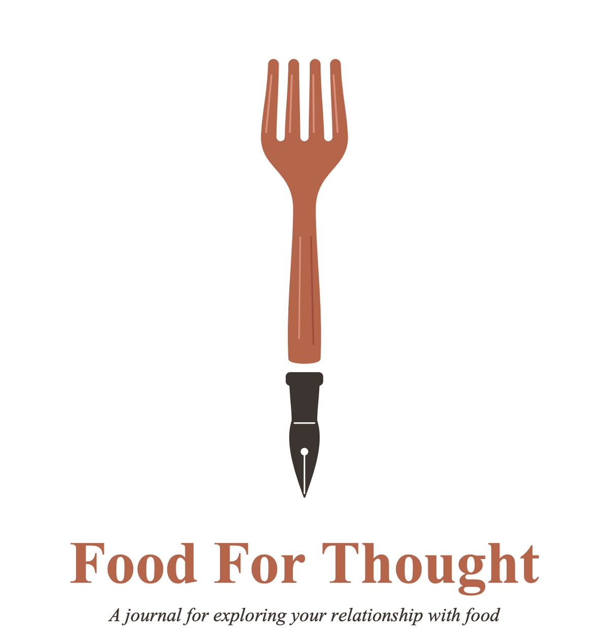 Food For Thought journal cover with a terracotta fork and charcoal pen nib on a white background